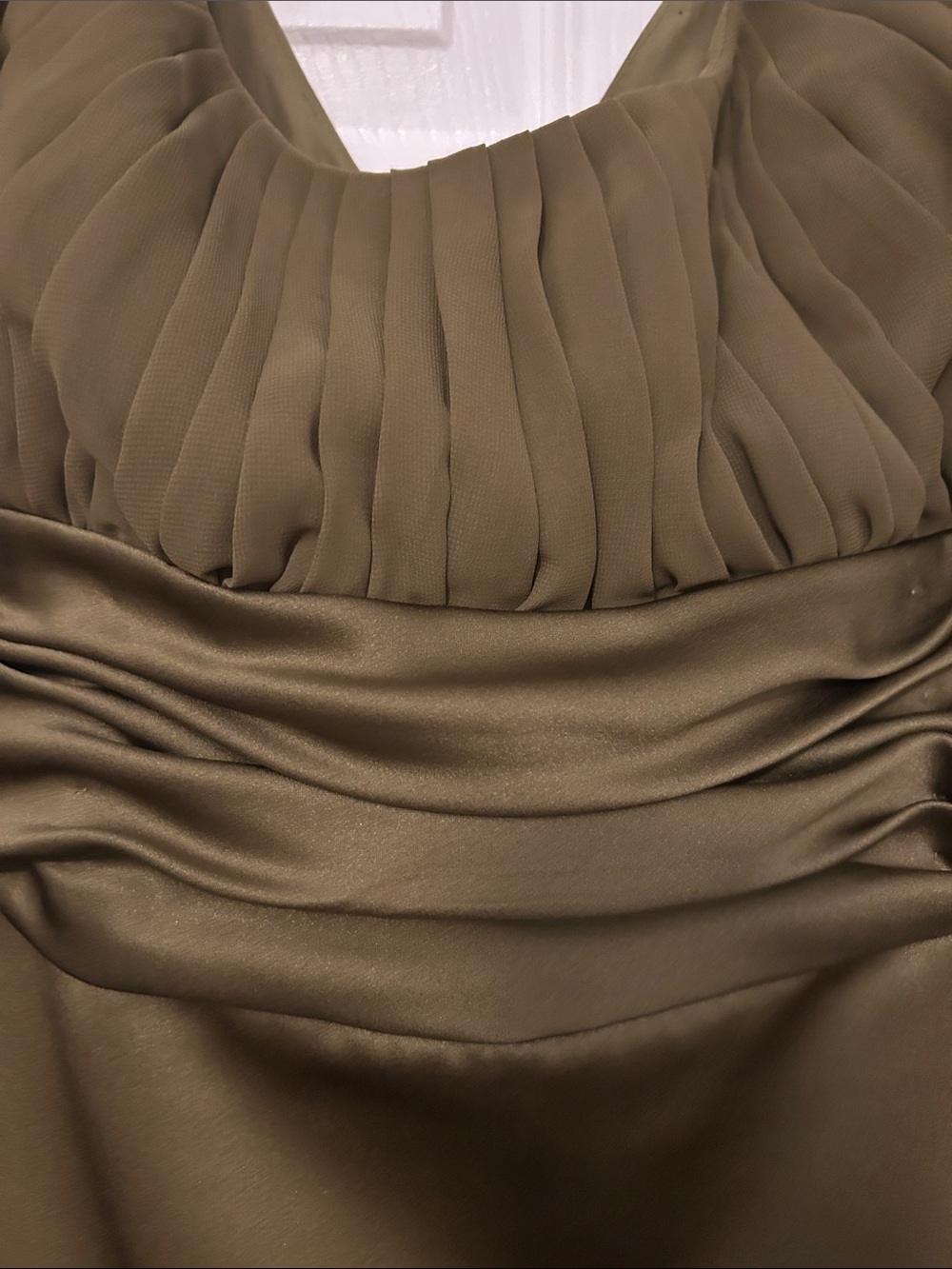 David's Bridal Olive Green One-Shoulder Ruched Satin Maxi Dress - Picture 3 of 7